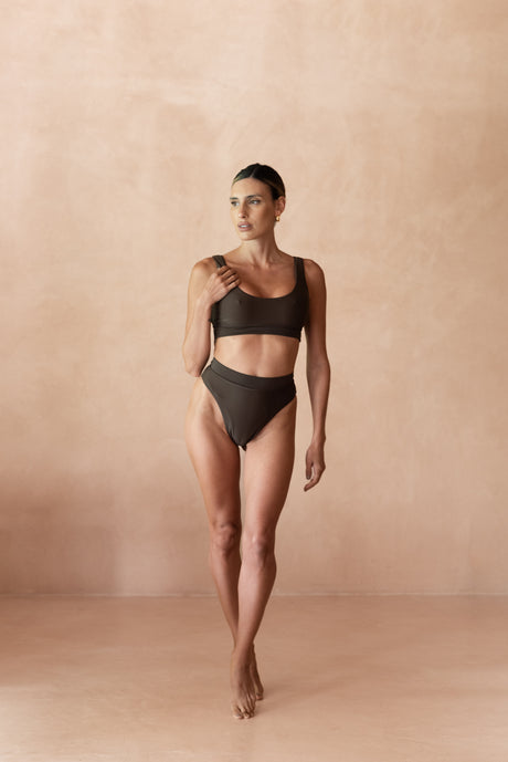 Arabica brown Low Rider sport bikini top for women.