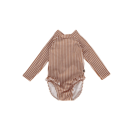 Long-Sleeved Swimsuit with Ruffles - Toasted Nut - Stripes - The Thirties by gk